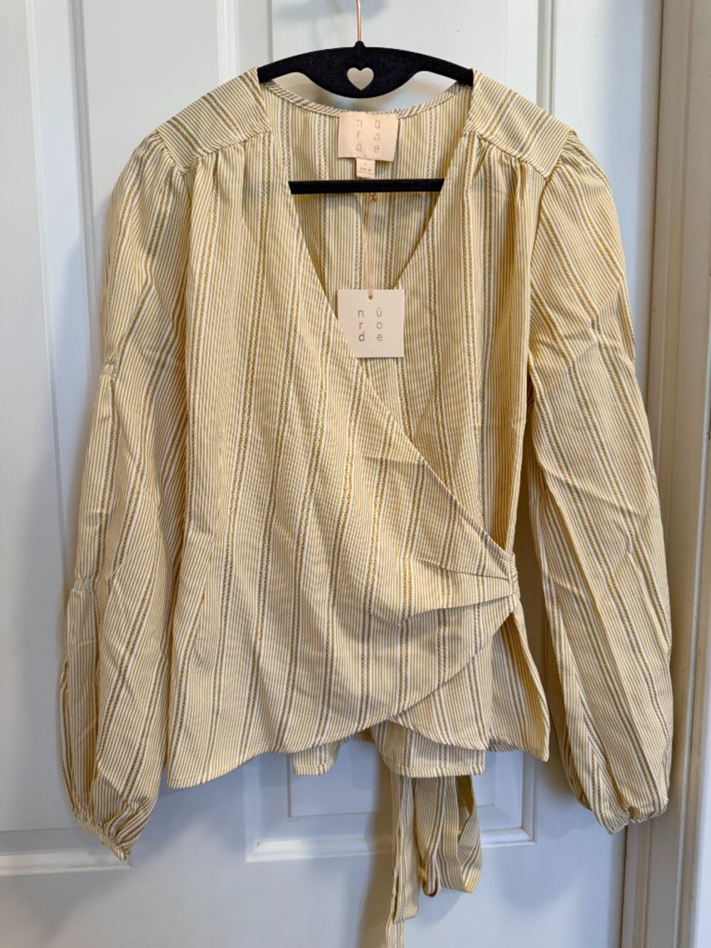 NWT Nüröde Mustard Stripe Wrap Blouse Balloon Sleeve Size S